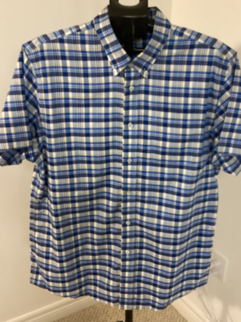 2/$25 Denver Hayes Never Iron Slim Fit Blue Plaid Short-Sleeve Shirt